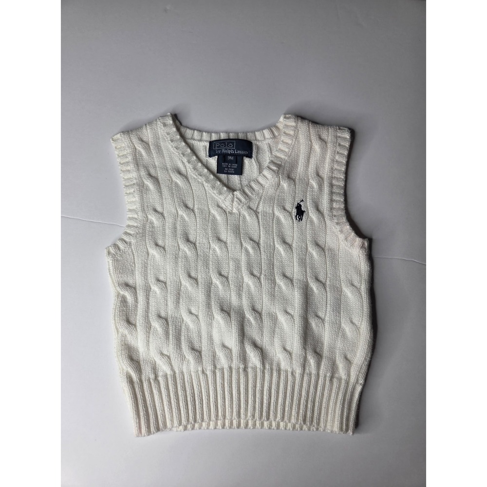 Polo Ralph Lauren Kids White Cable Knit Sweater Vest 9M V-Neck Navy Pony Logo